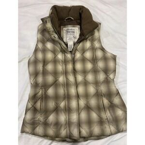Women's Eddie Bauer Goose Down Vest 700 Fill Puffer Quilted Brown White Plaid XS